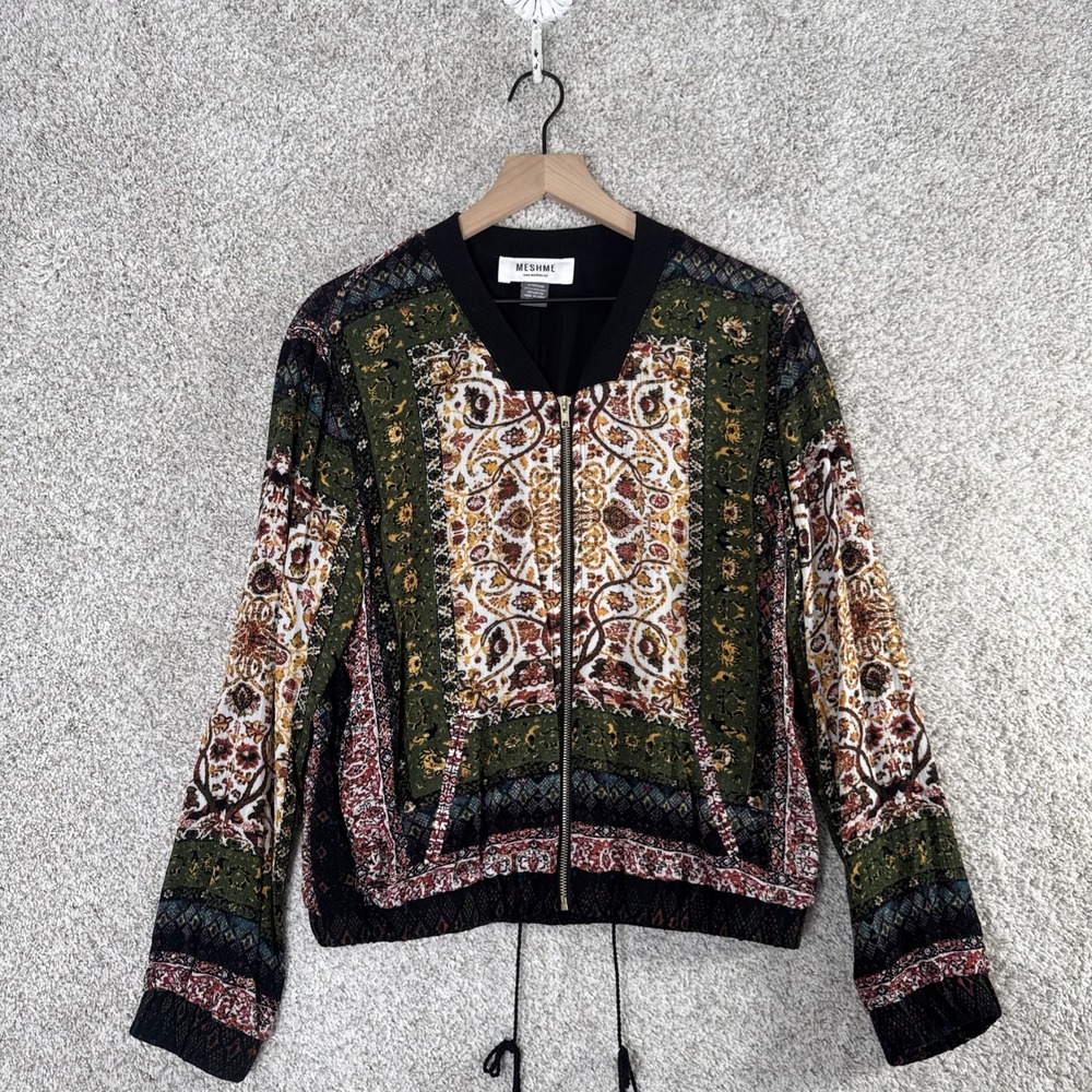 Meshme‎ Floral Print Bohemian Gauze Bomber Jacket Size M